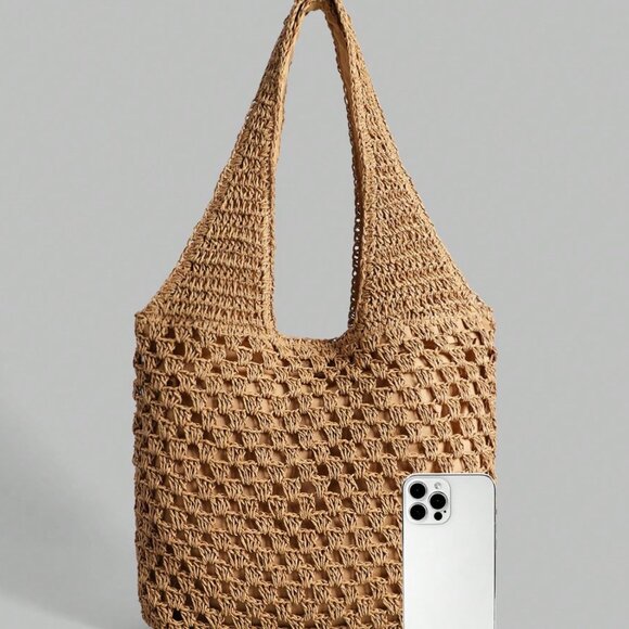 Hollow Straw Wovan Shoulder Bag Large Brown - Picture 2 of 5